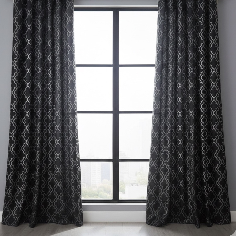 Kelvin NEW 2 Curtain Panels Black Metallic Silver Goth Print Quatrefoil Moroccan